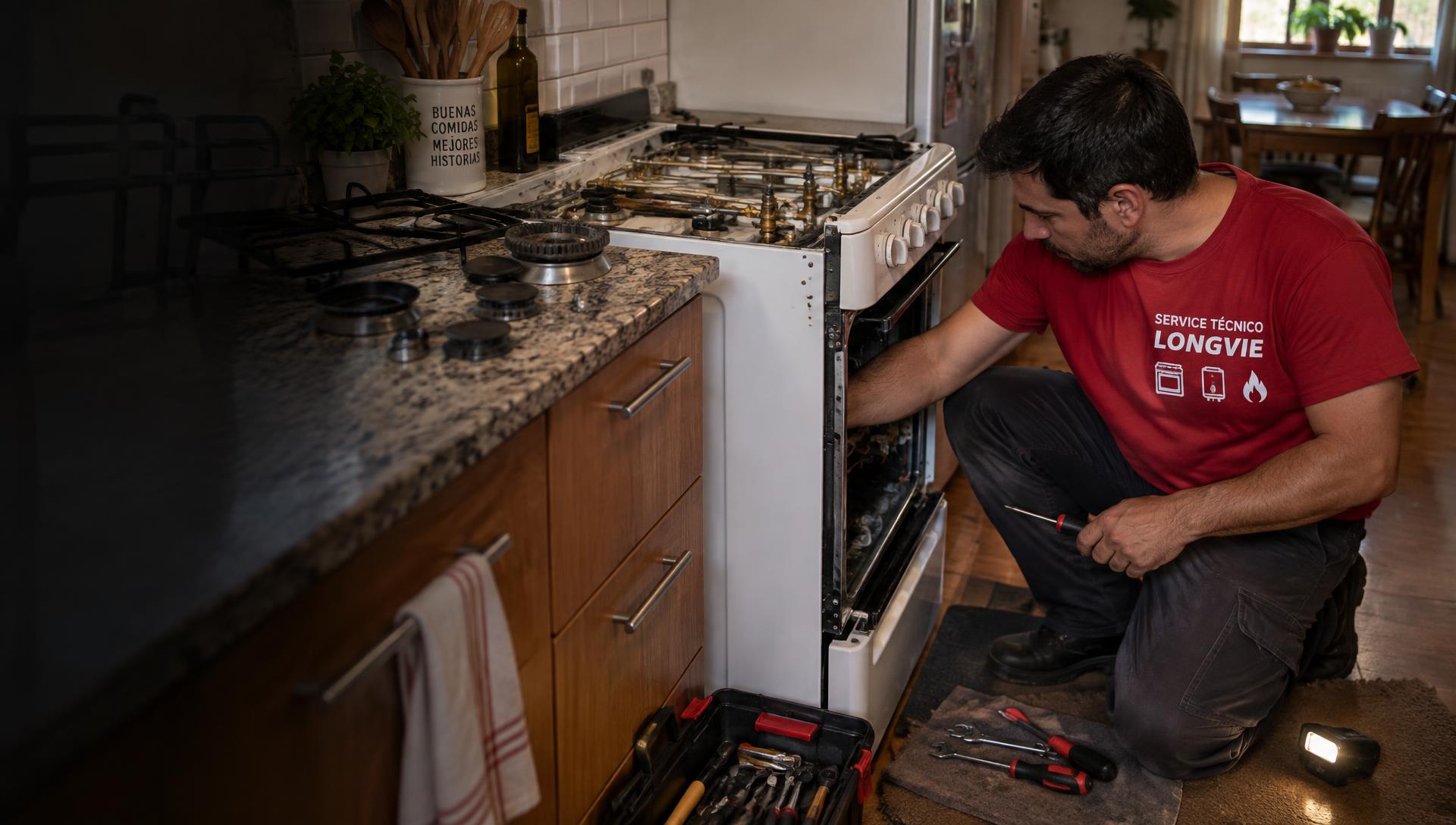 Técnico reparando una cocina Longvie
